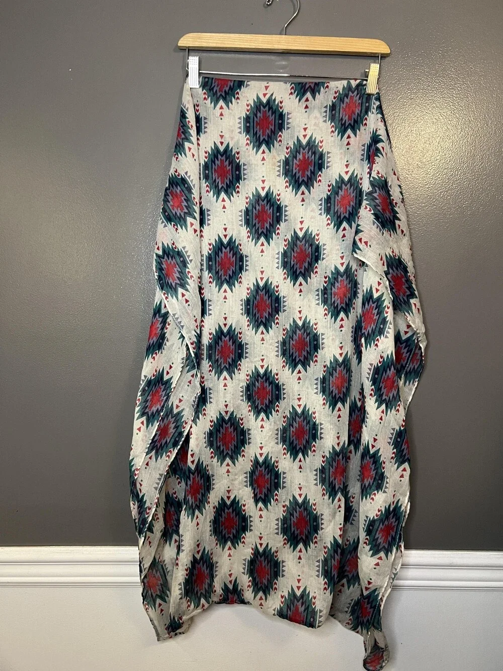 Aztec Southwestern Scarf Womens One Size Red Teal Geometric Lightweight Shawl